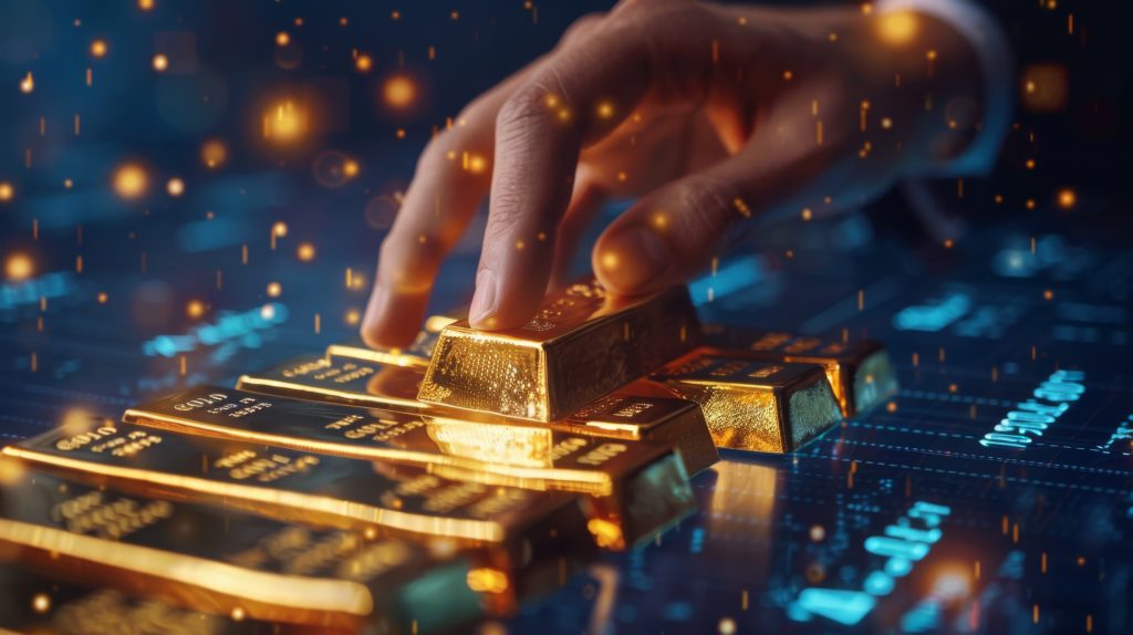 Detailed view of gold bars being inspected with financial market data