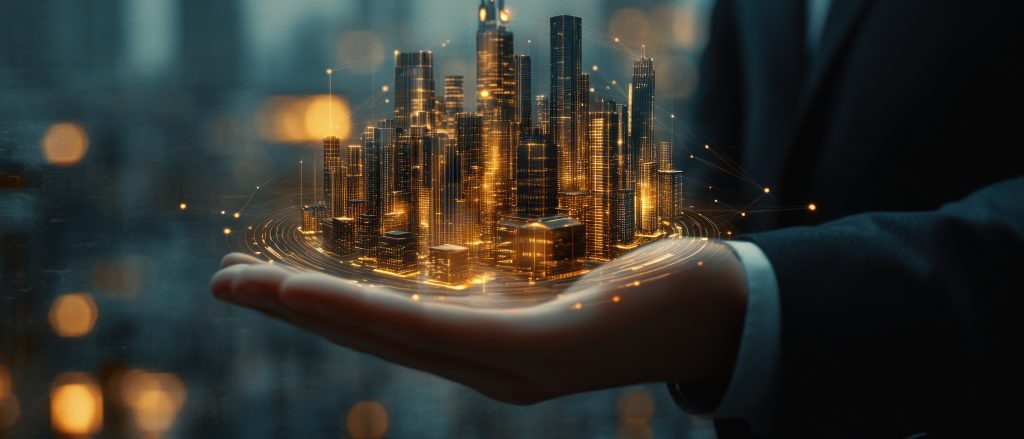 Businessman Holding a Virtual City Model In Hand.